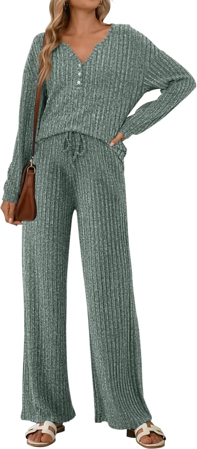 ETCYY NEW Womens Lightweight Pajamas Sets 2 Piece Lounge Sets Ribbed Knit Loungewear PJ with Pockets