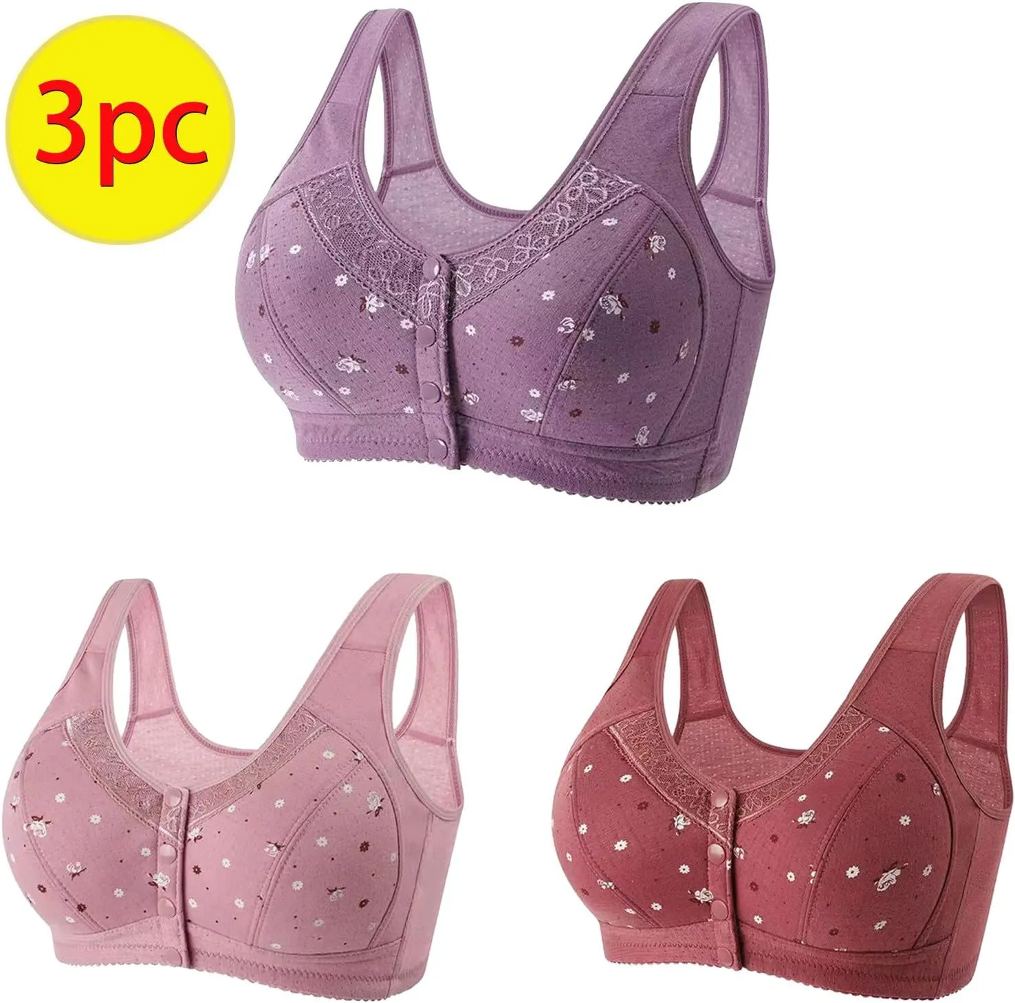 Everyday Bras pack Women Front Close Snap Builtup Sports Push Up Wire Free Bras Daisy Bra Older Women Large Si