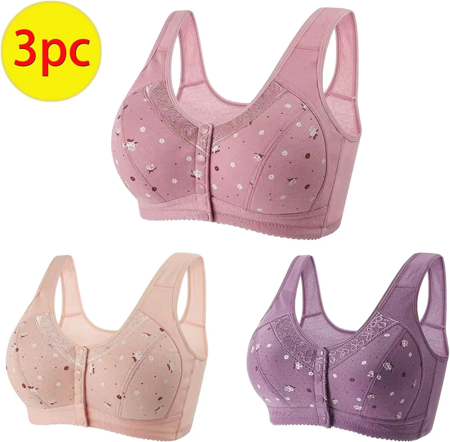 Everyday Bras pack Women Front Close Snap Builtup Sports Push Up Wire Free Bras Daisy Bra Older Women Large Si