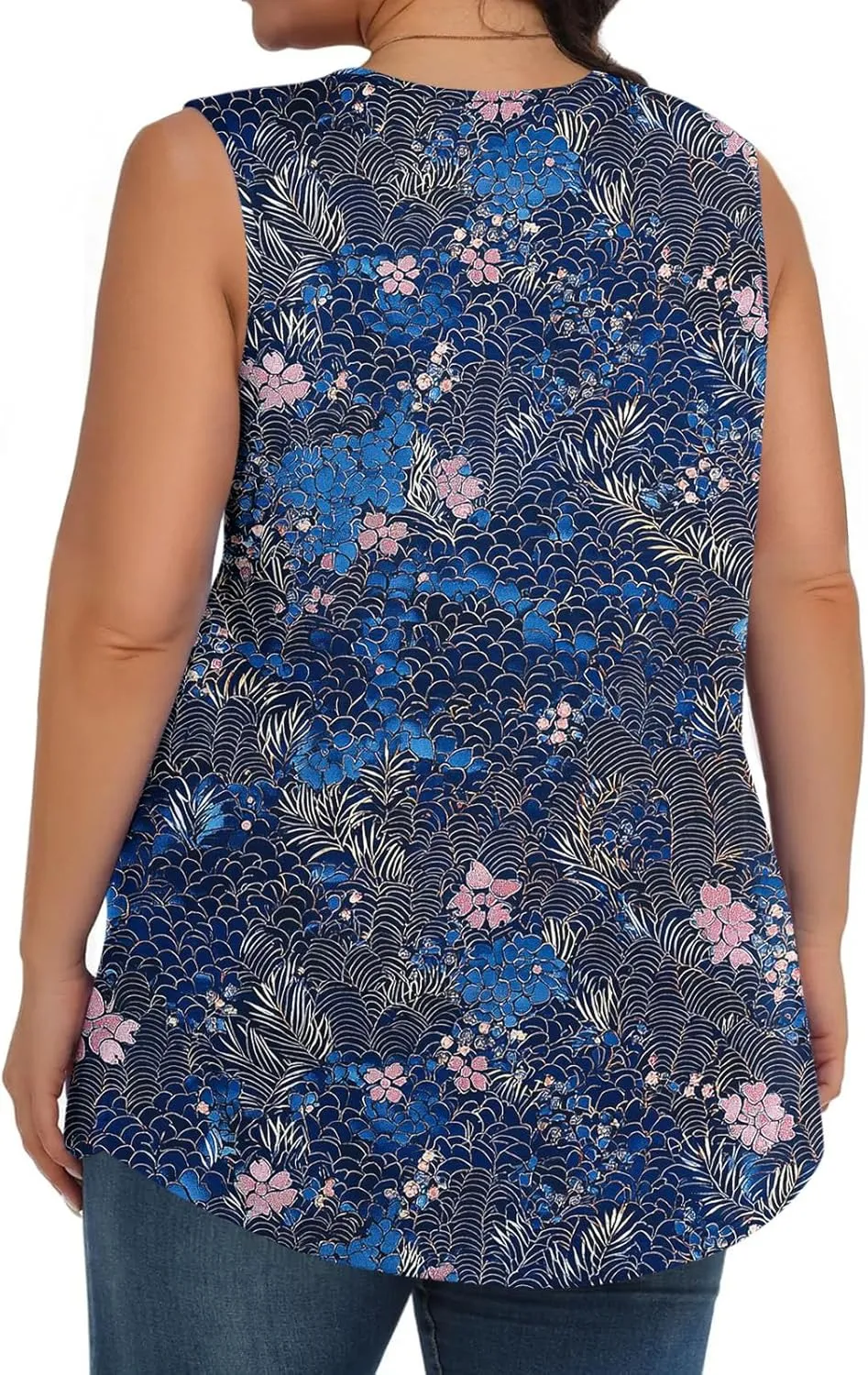 Fashion Floral Print Summer Plus Size Tank for Women, Oversized Loose Crewneck Sleeveless Shirts Pleated Comfy Clothes