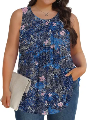 Fashion Floral Print Summer Plus Size Tank for Women, Oversized Loose Crewneck Sleeveless Shirts Pleated Comfy Clothes