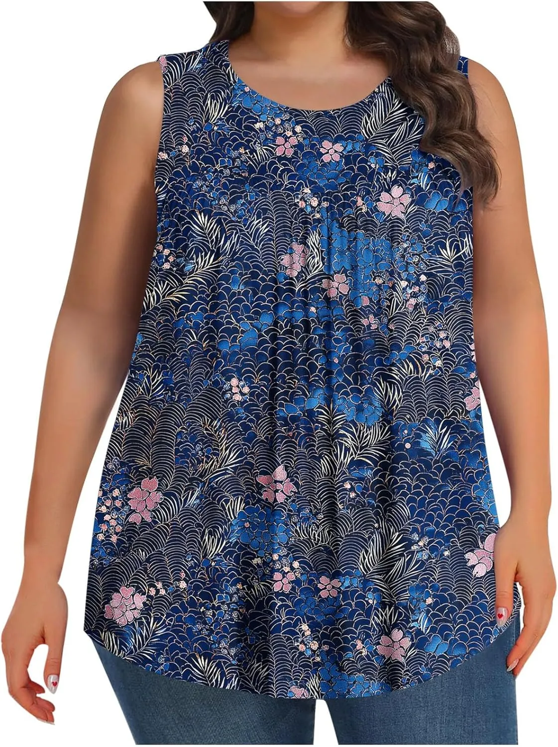 Fashion Floral Print Summer Plus Size Tank for Women, Oversized Loose Crewneck Sleeveless Shirts Pleated Comfy Clothes