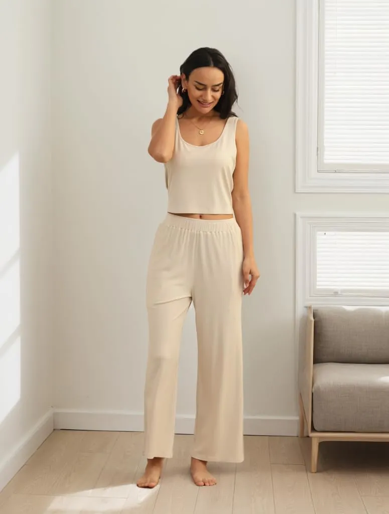 ft FENTENG Women's Ribbed Knit Pajama Set Soft & Breathable 4-Piece Lounge Set, Crop Top, Shorts & Pants, Cozy Casual Outfits