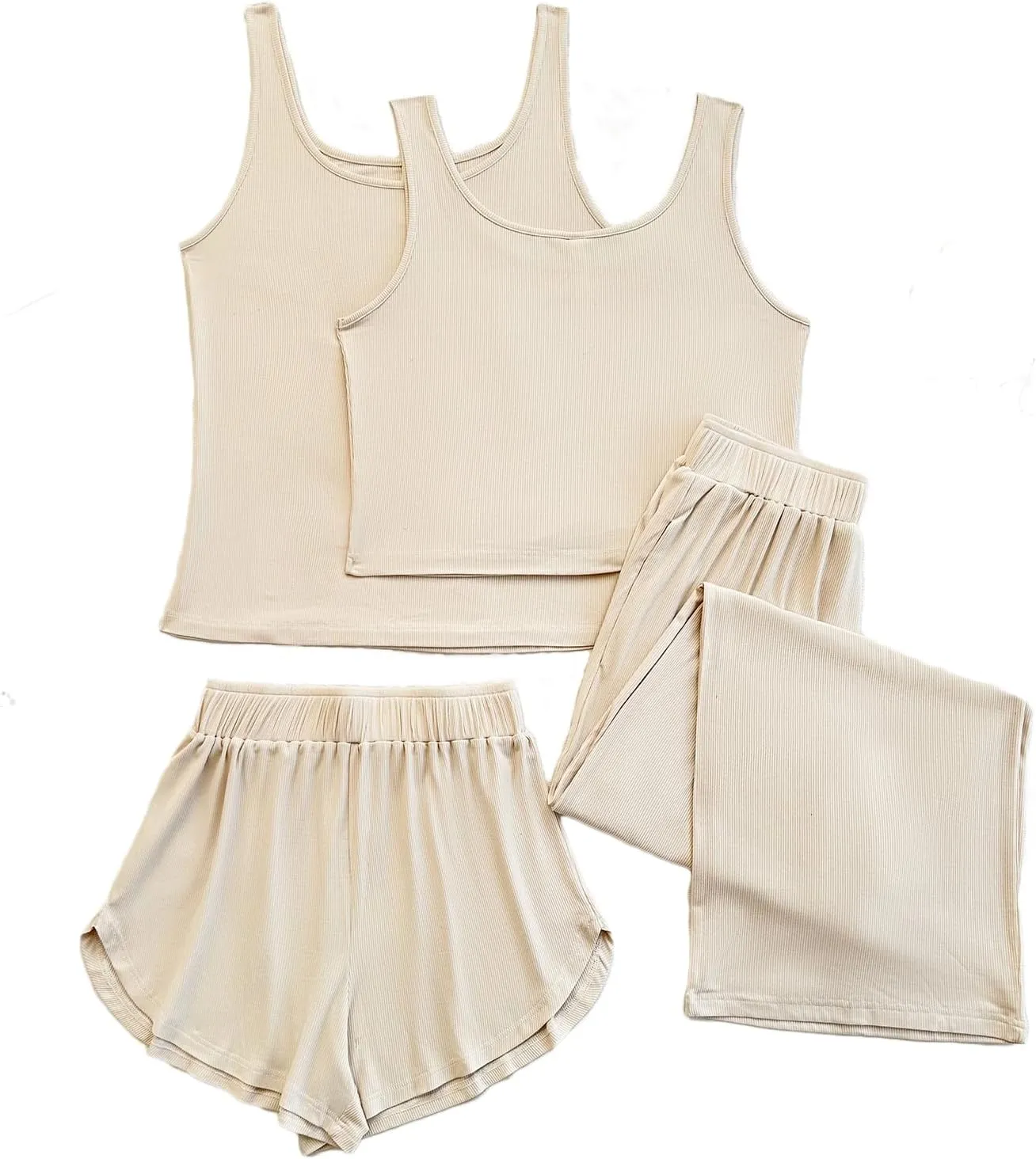 ft FENTENG Women's Ribbed Knit Pajama Set Soft & Breathable 4-Piece Lounge Set, Crop Top, Shorts & Pants, Cozy Casual Outfits