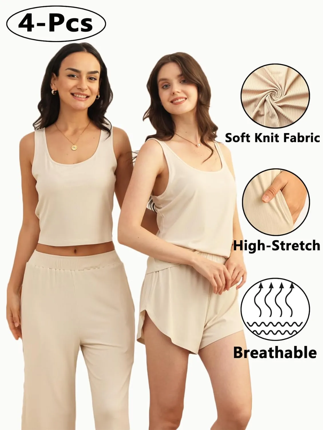 ft FENTENG Women's Ribbed Knit Pajama Set Soft & Breathable 4-Piece Lounge Set, Crop Top, Shorts & Pants, Cozy Casual Outfits