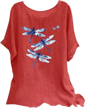 FZYLQY Summer Tunic Tops for Women Lightweight Comfy Tees Dragonfly Trendy Blouses Plus Size Linen 3/4 Length Sleeve Clothes
