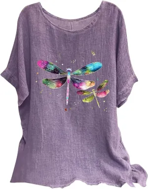 FZYLQY Summer Tunic Tops for Women Lightweight Comfy Tees Dragonfly Trendy Blouses Plus Size Linen 3/4 Length Sleeve Clothes