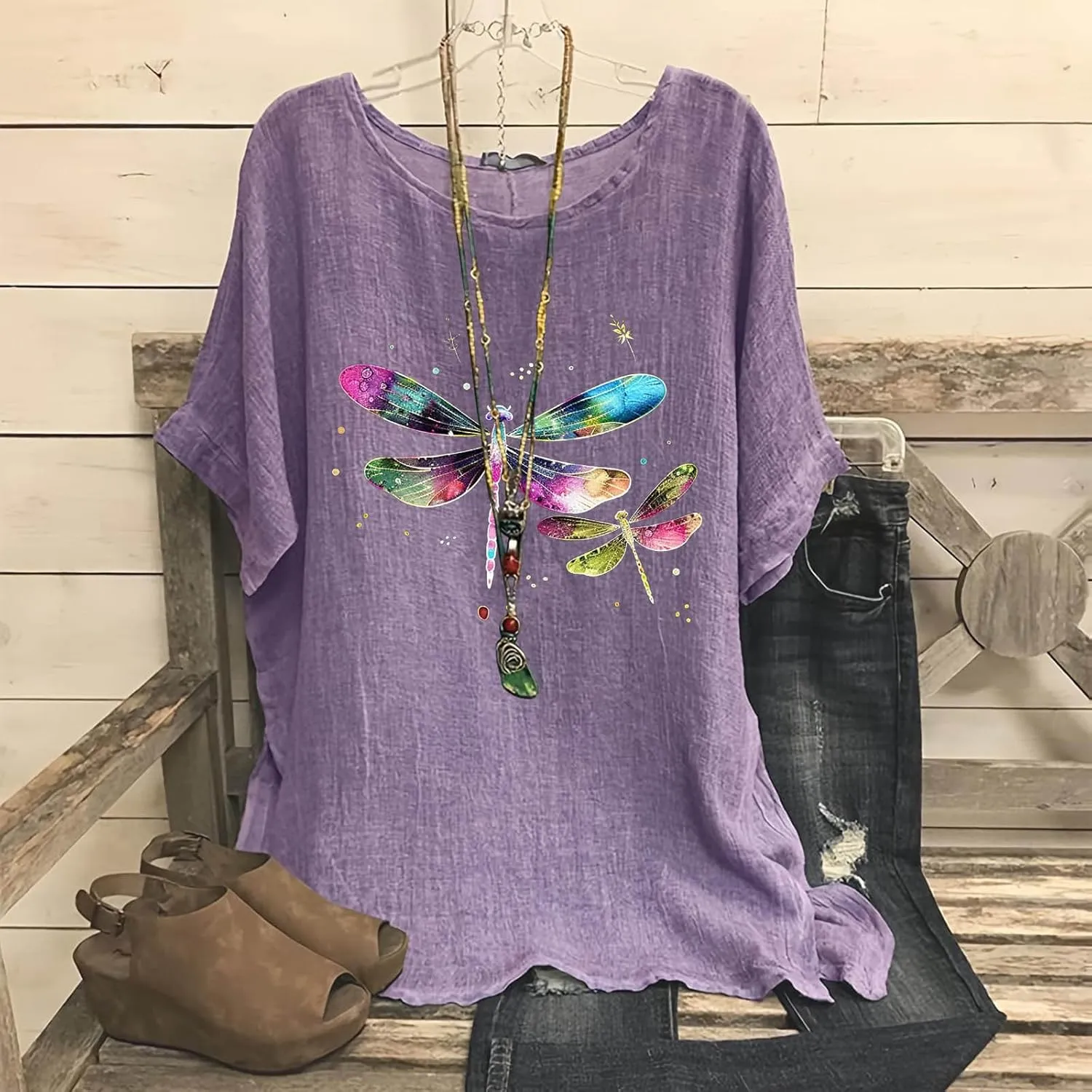 FZYLQY Summer Tunic Tops for Women Lightweight Comfy Tees Dragonfly Trendy Blouses Plus Size Linen 3/4 Length Sleeve Clothes