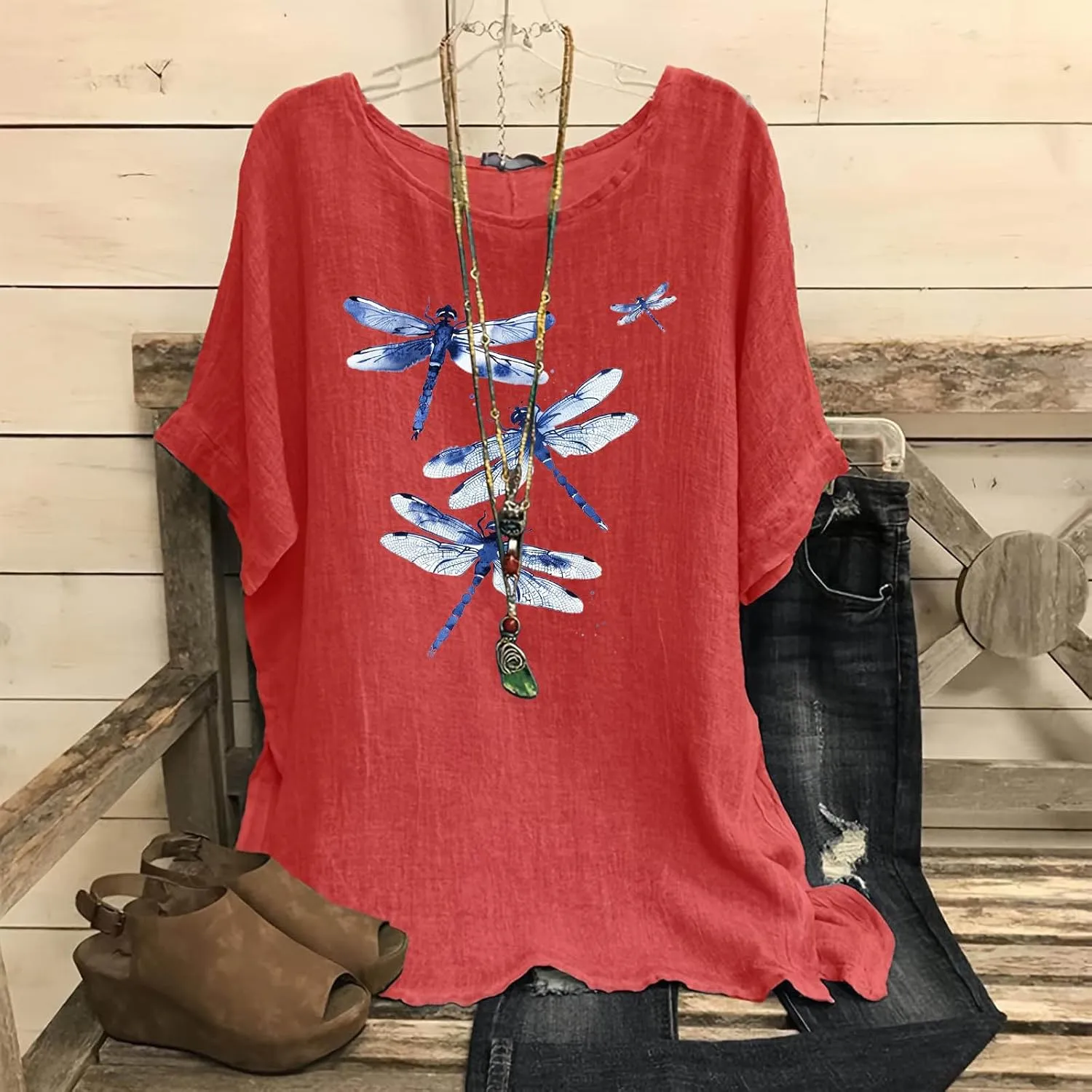 FZYLQY Summer Tunic Tops for Women Lightweight Comfy Tees Dragonfly Trendy Blouses Plus Size Linen 3/4 Length Sleeve Clothes