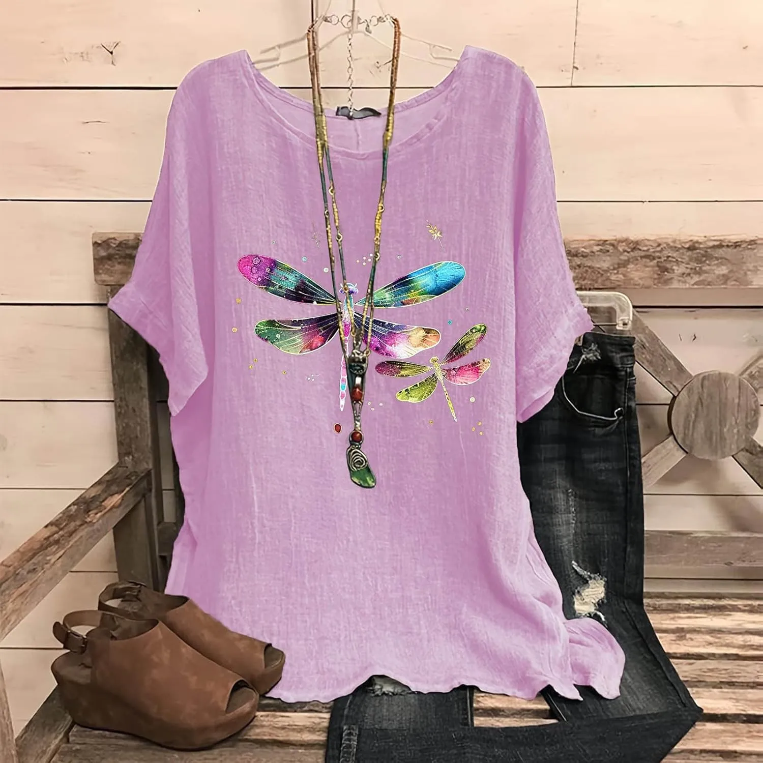 FZYLQY Summer Tunic Tops for Women Lightweight Comfy Tees Dragonfly Trendy Blouses Plus Size Linen 3/4 Length Sleeve Clothes
