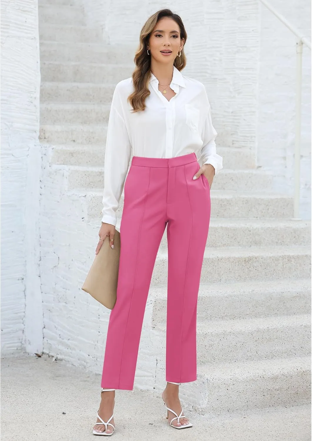 GRAPENT Dress Pants Women High Waisted Work Pants Dressy Casual Straight Leg Elastic Waist Cropped Trousers Ankle Slacks