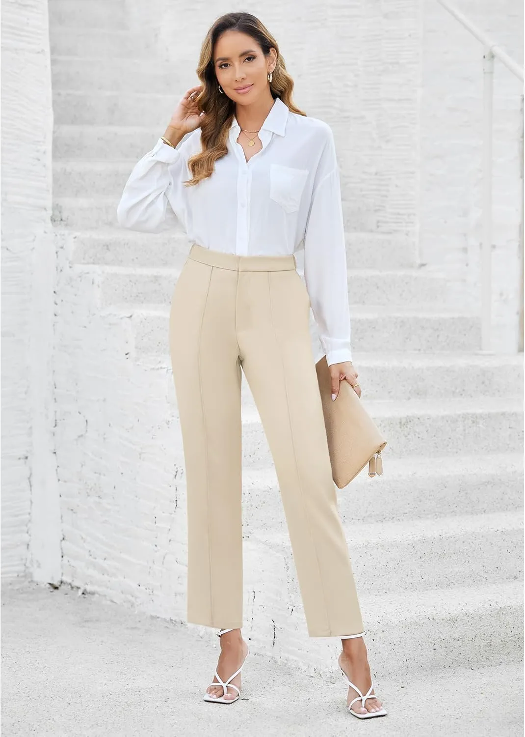 GRAPENT Dress Pants Women High Waisted Work Pants Dressy Casual Straight Leg Elastic Waist Cropped Trousers Ankle Slacks