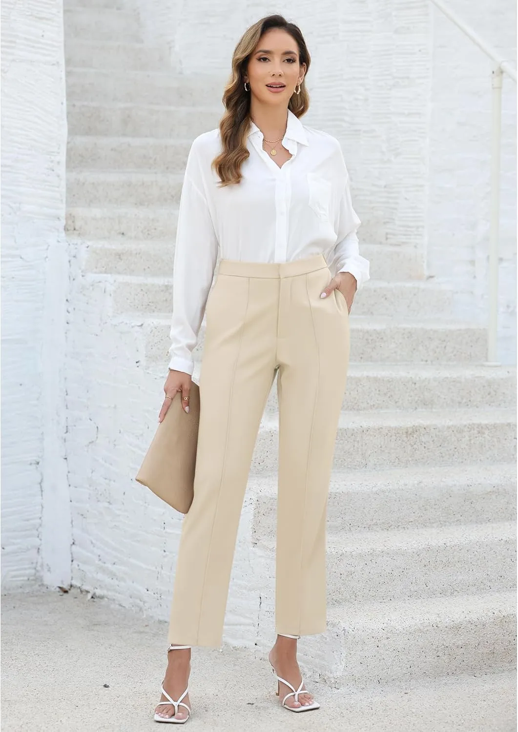 GRAPENT Dress Pants Women High Waisted Work Pants Dressy Casual Straight Leg Elastic Waist Cropped Trousers Ankle Slacks
