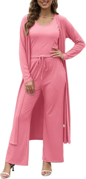 HANMAX Womens 3 Piece Outfits Lounge Sets Ribbed Knit Matching Loungewear Set