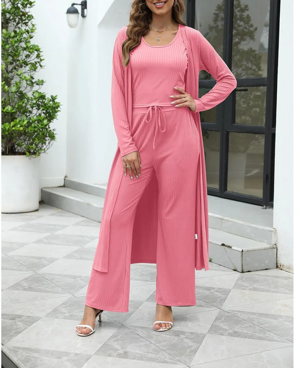 HANMAX Womens 3 Piece Outfits Lounge Sets Ribbed Knit Matching Loungewear Set