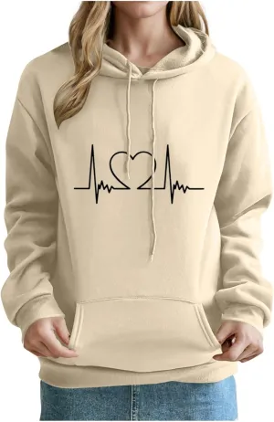 Heartbeat Graphic Hoodie for Women Oversized Casual Pullover Long Sleeve Relaxed Fit Comfy Loungewear Homewear