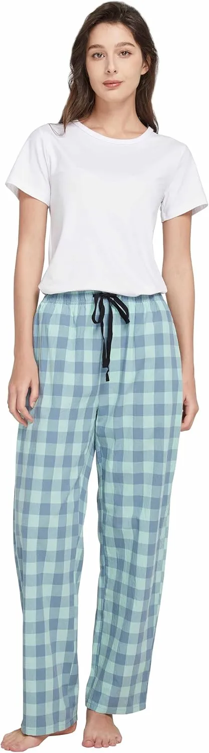 HiddenValor Women Lightweight Woven Cotton Plaid Pajama Lounge Pants With Pockets
