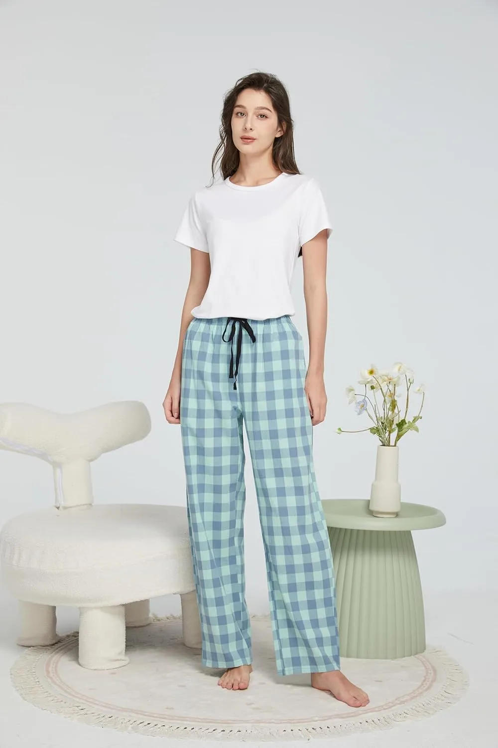 HiddenValor Women Lightweight Woven Cotton Plaid Pajama Lounge Pants With Pockets