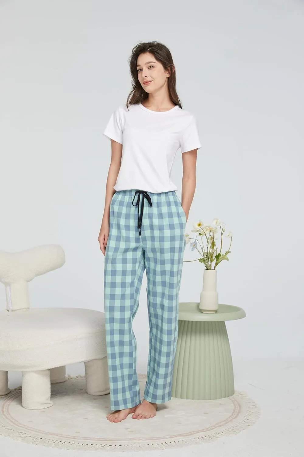 HiddenValor Women Lightweight Woven Cotton Plaid Pajama Lounge Pants With Pockets