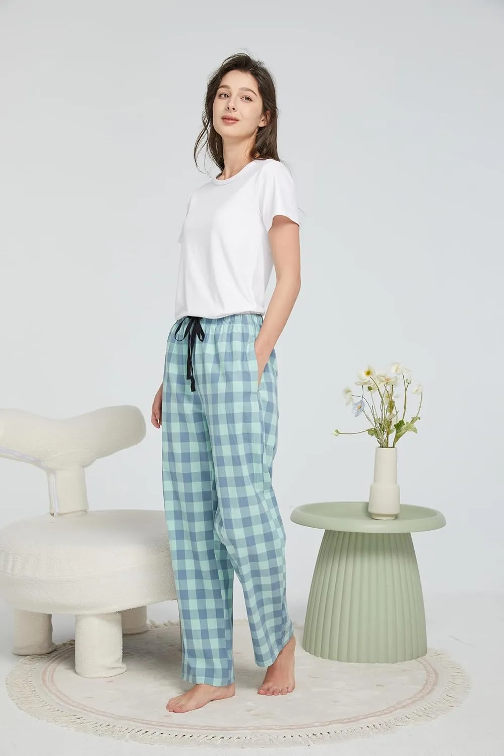 HiddenValor Women Lightweight Woven Cotton Plaid Pajama Lounge Pants With Pockets