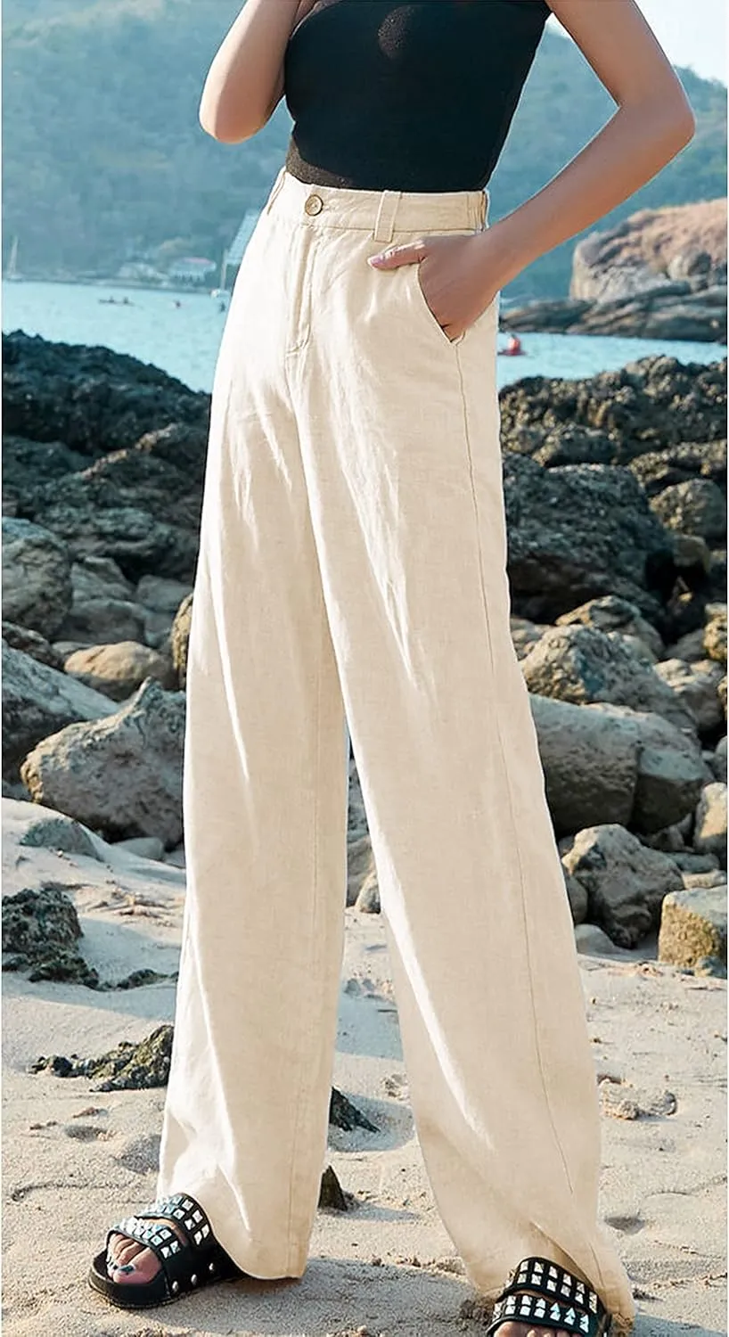 Hooever Womens Casual High Waisted Wide Leg Pants Button Up Straight Leg Trousers