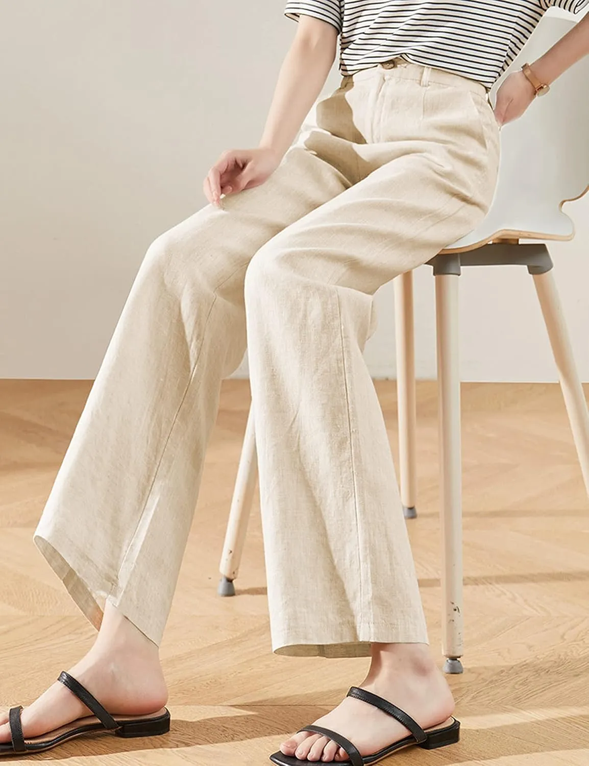 Hooever Womens Casual High Waisted Wide Leg Pants Button Up Straight Leg Trousers