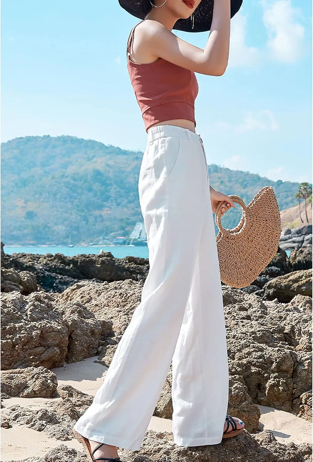 Hooever Womens Casual High Waisted Wide Leg Pants Button Up Straight Leg Trousers
