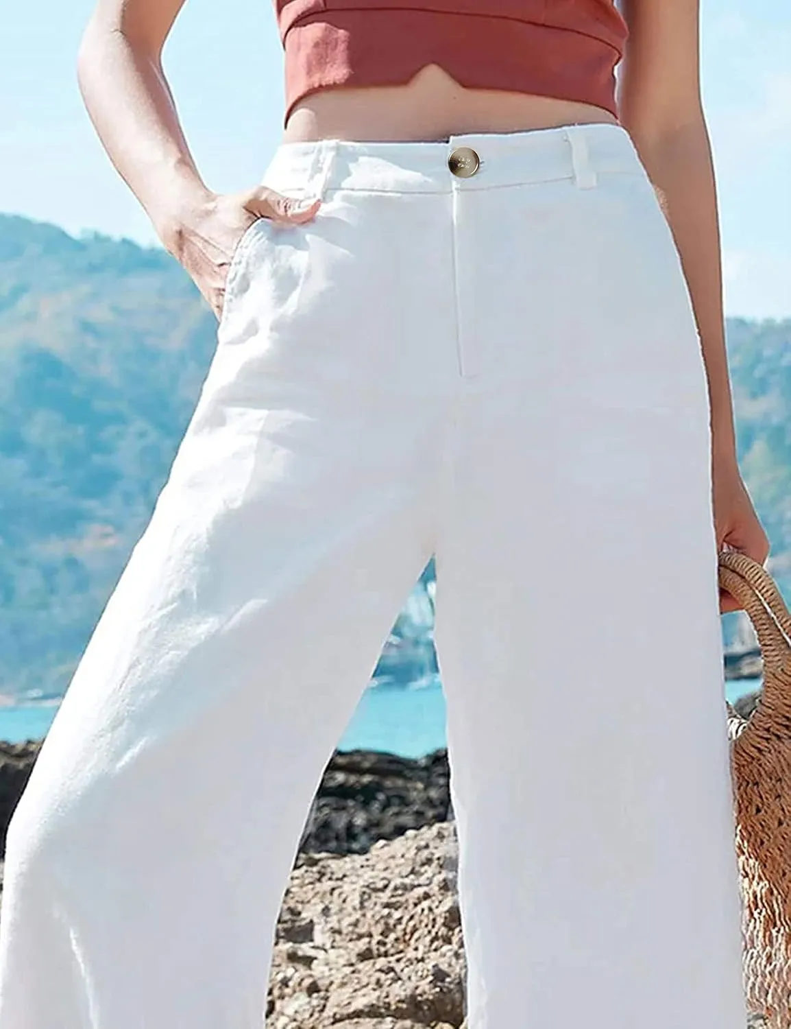 Hooever Womens Casual High Waisted Wide Leg Pants Button Up Straight Leg Trousers