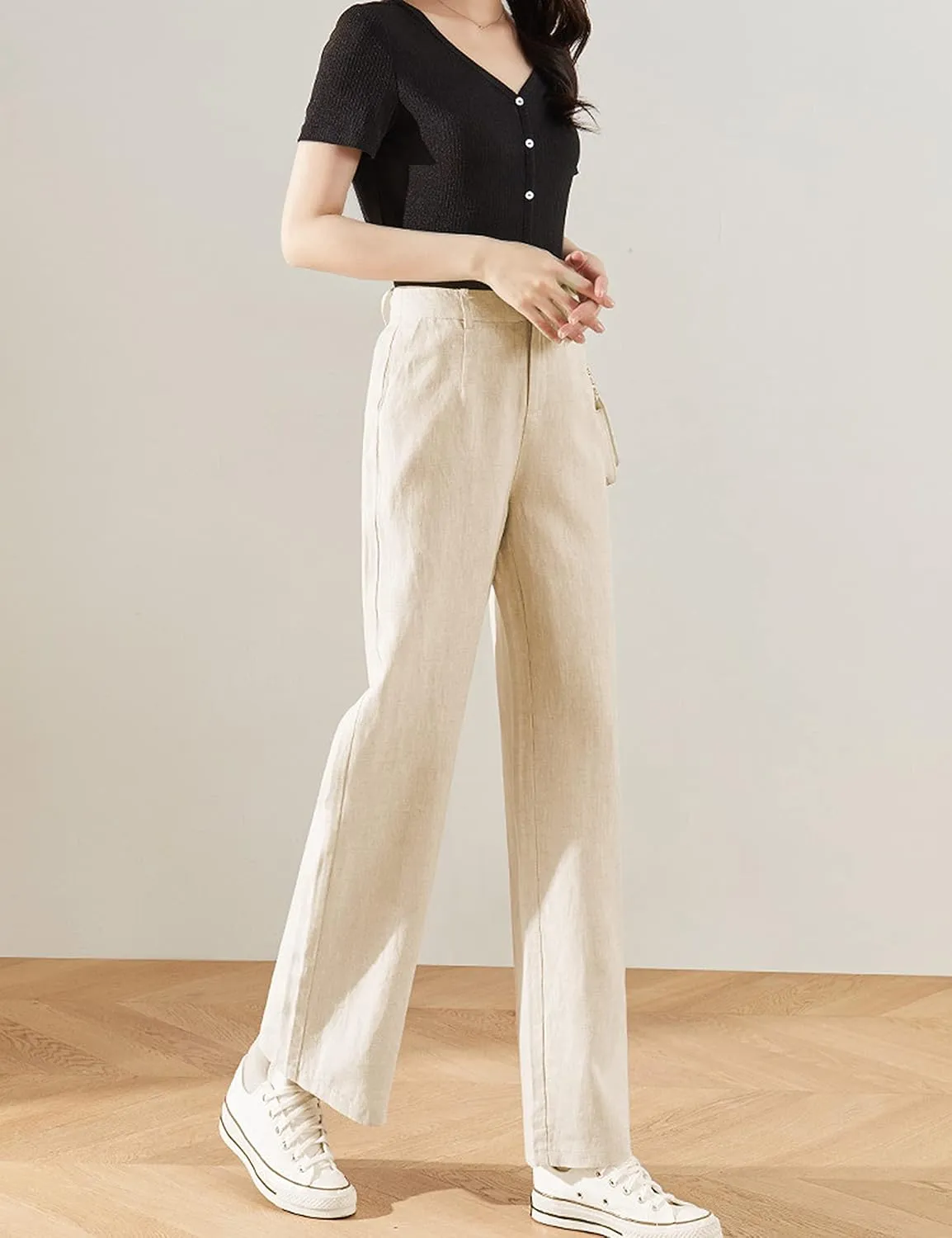 Hooever Womens Casual High Waisted Wide Leg Pants Button Up Straight Leg Trousers