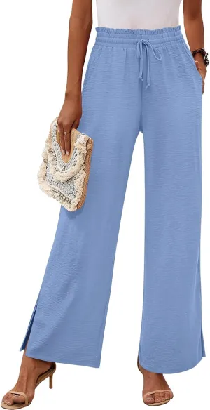 HOTGIFT 2025 Womens Pants Wide Leg High Waisted Adjustable Drawstring Trousers with Pockets Casual Lightweight
