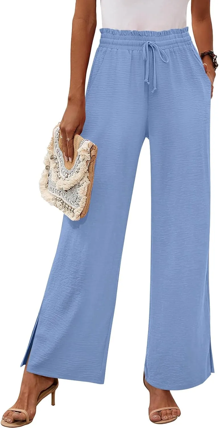 HOTGIFT 2025 Womens Pants Wide Leg High Waisted Adjustable Drawstring Trousers with Pockets Casual Lightweight
