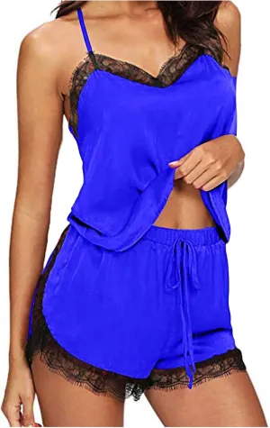 JOAU 2 Piece Pjs Women Sleepwear Lace Trim Pajamas Set V Neck Camisole Top and Drawstring Short Nightwear Sets Loungewear