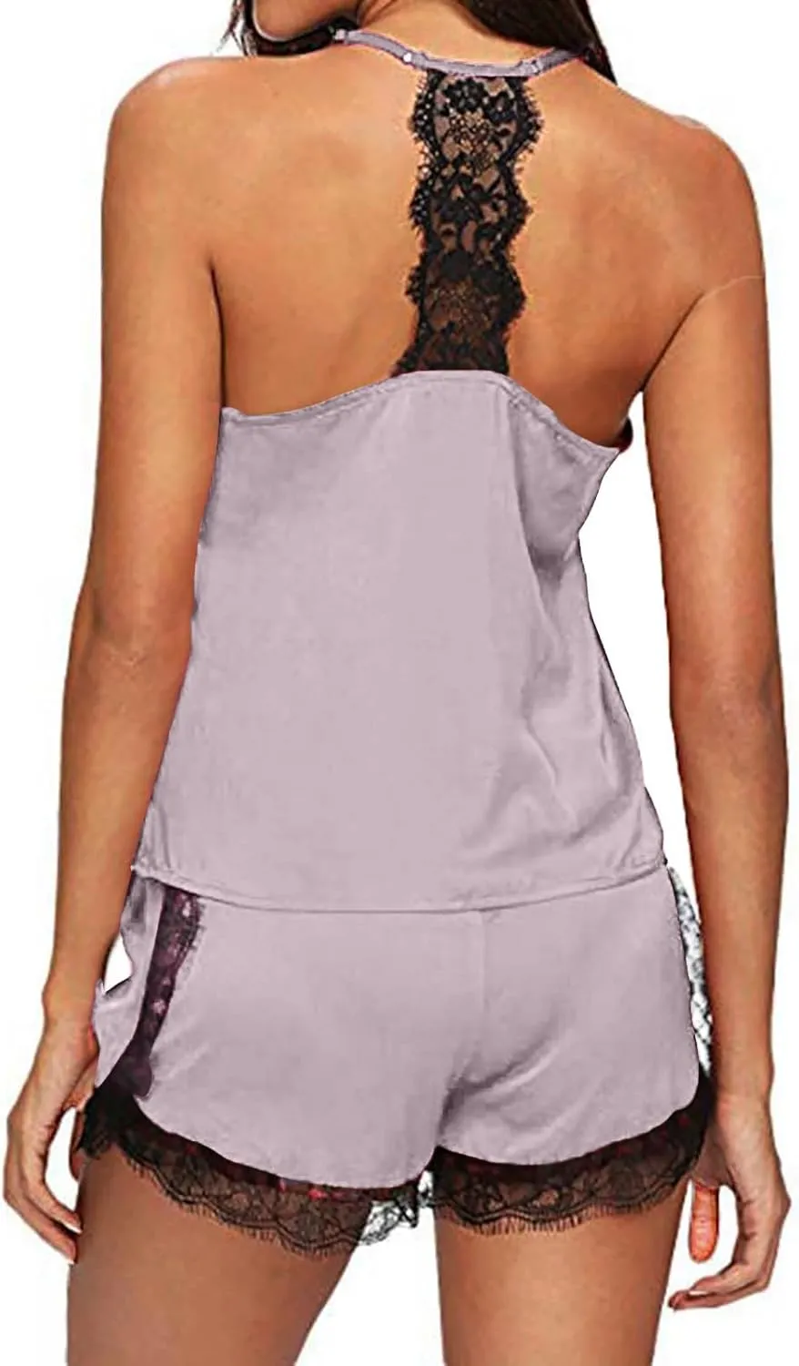 JOAU 2 Piece Pjs Women Sleepwear Lace Trim Pajamas Set V Neck Camisole Top and Drawstring Short Nightwear Sets Loungewear