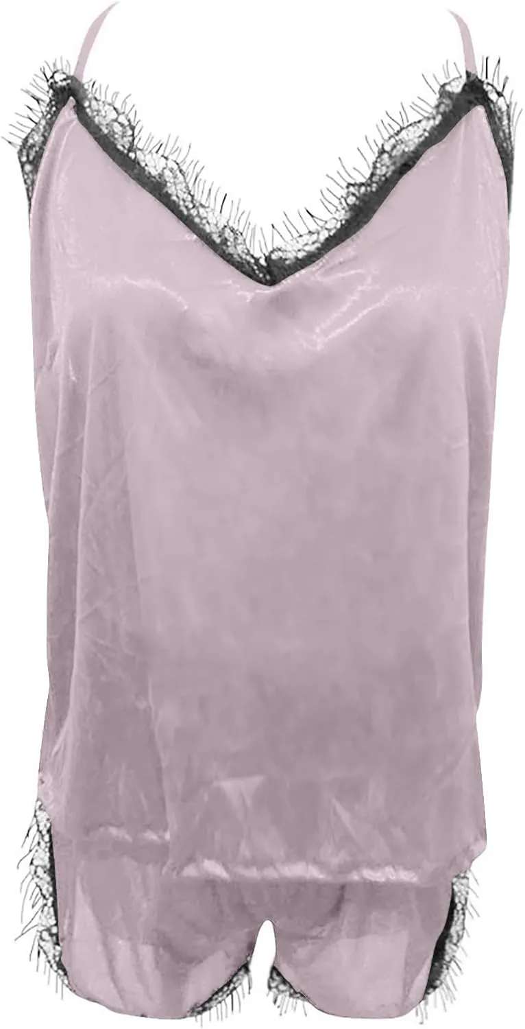 JOAU 2 Piece Pjs Women Sleepwear Lace Trim Pajamas Set V Neck Camisole Top and Drawstring Short Nightwear Sets Loungewear