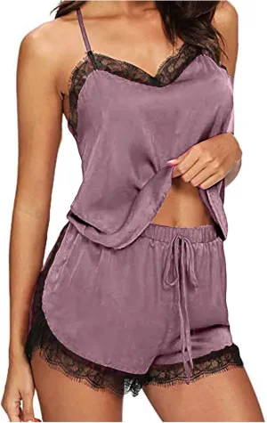 JOAU 2 Piece Pjs Women Sleepwear Lace Trim Pajamas Set V Neck Camisole Top and Drawstring Short Nightwear Sets Loungewear