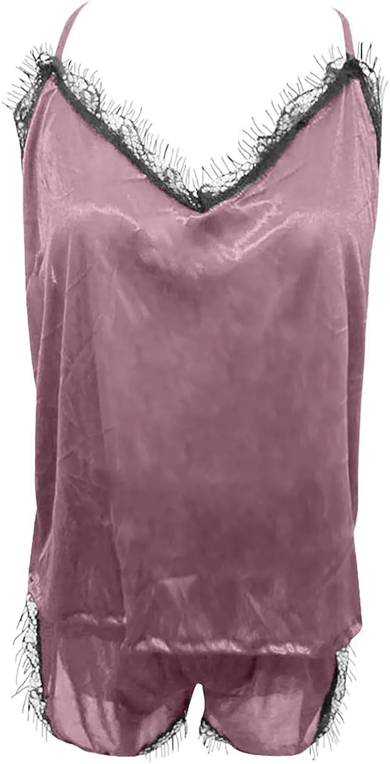 JOAU 2 Piece Pjs Women Sleepwear Lace Trim Pajamas Set V Neck Camisole Top and Drawstring Short Nightwear Sets Loungewear
