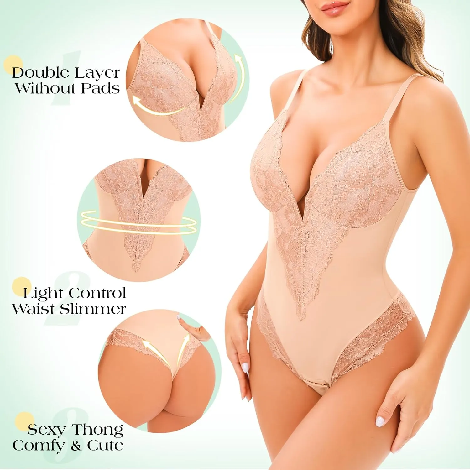 Lace Thong Shapewear Bodysuit Full Body Shaper for Women Tummy Control Thong Bodysuit Seamless Sculpting Underwear