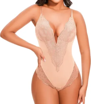 Lace Thong Shapewear Bodysuit Full Body Shaper for Women Tummy Control Thong Bodysuit Seamless Sculpting Underwear