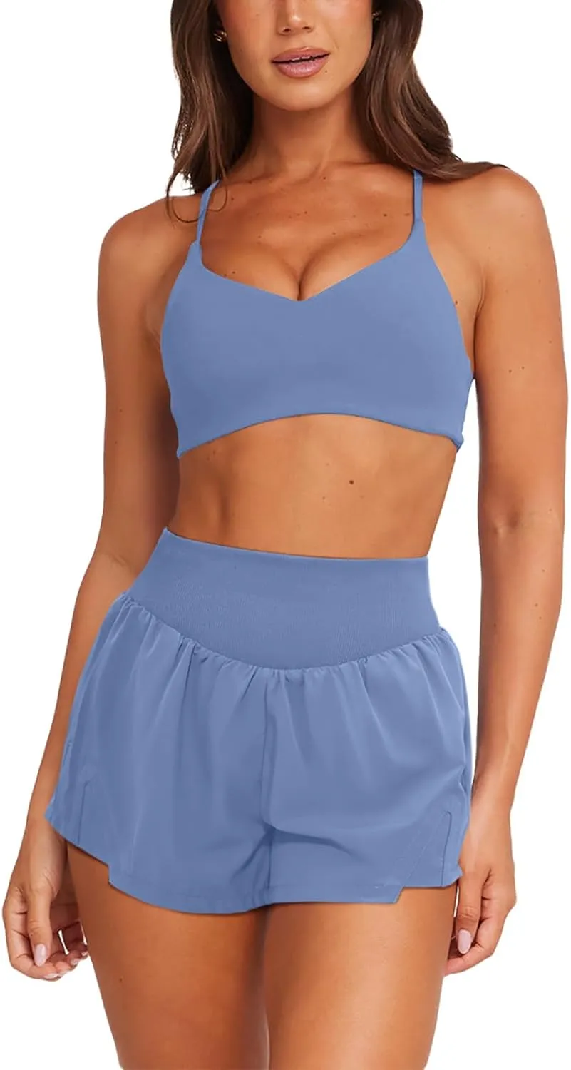 LASLULU Women's Ribbed High Waisted Gym Shorts Tummy Control Biker Workout Running Tennis Shorts with Zipper Pockets