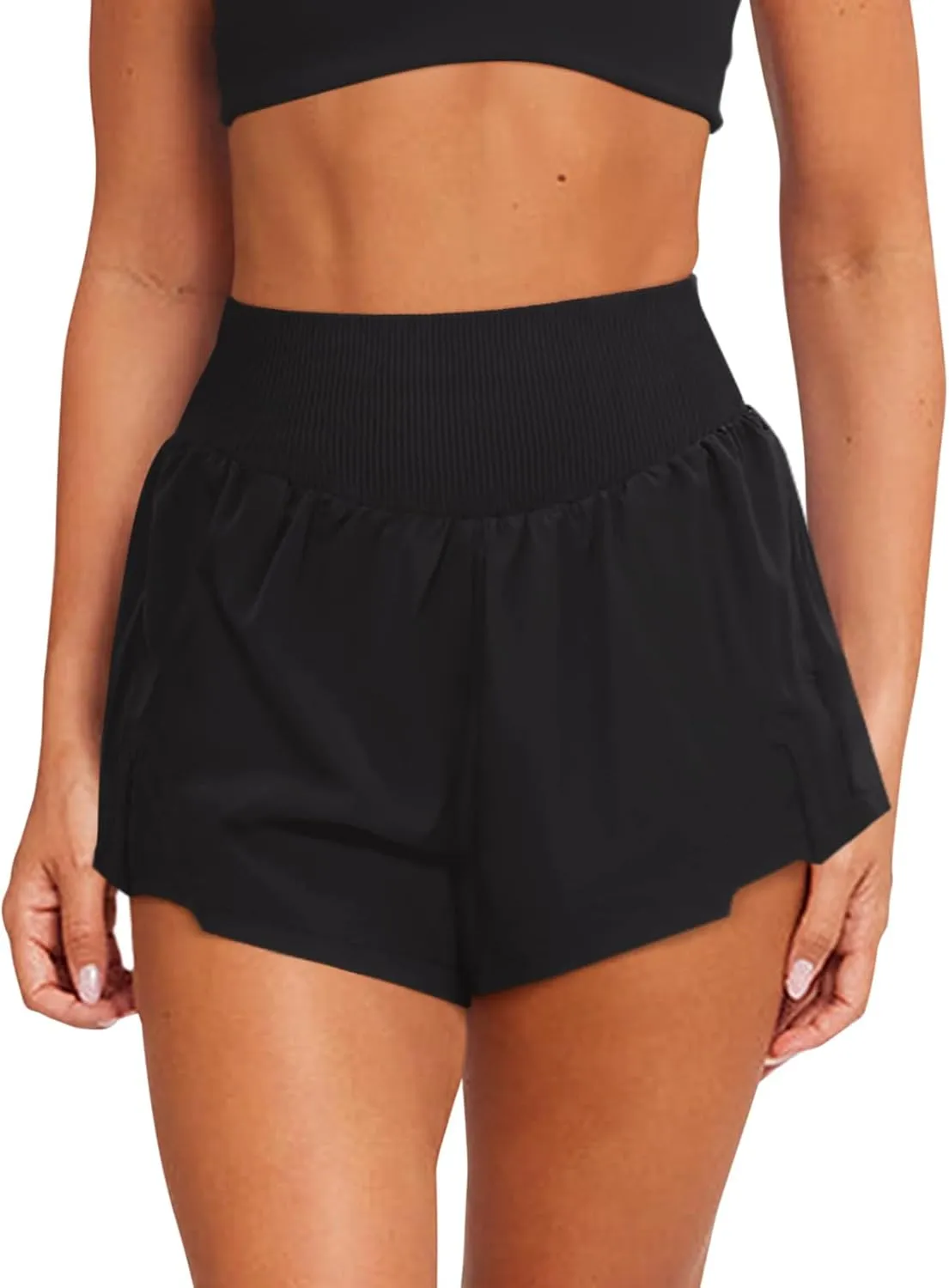 LASLULU Women's Ribbed High Waisted Gym Shorts Tummy Control Biker Workout Running Tennis Shorts with Zipper Pockets