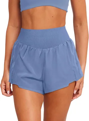 LASLULU Women's Ribbed High Waisted Gym Shorts Tummy Control Biker Workout Running Tennis Shorts with Zipper Pockets