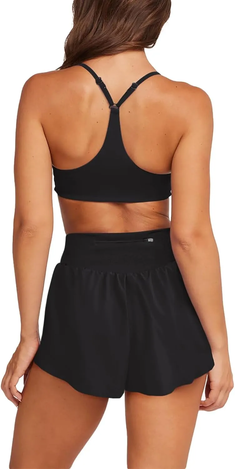 LASLULU Women's Ribbed High Waisted Gym Shorts Tummy Control Biker Workout Running Tennis Shorts with Zipper Pockets