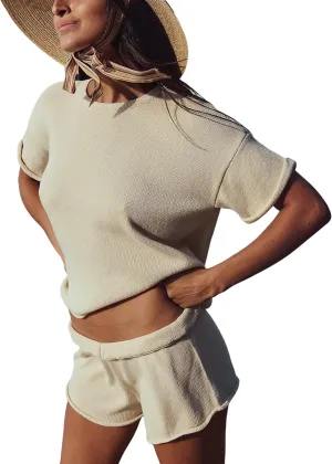 Lentta Women's 2 Piece Sweater Sets Outfits Short Sleeve Knit Pullover Tops Casual Shorts Lounge Sets