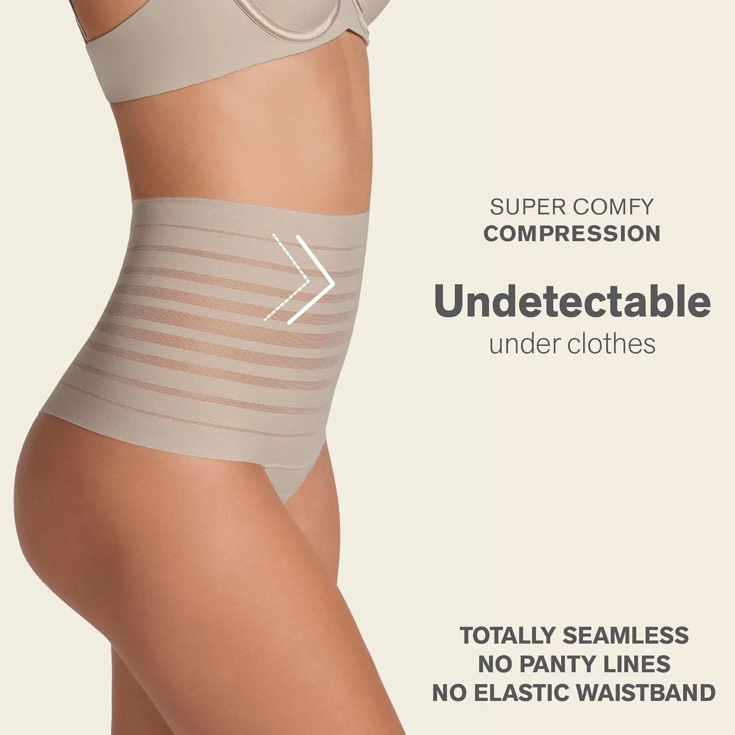 Leonisa Seamless High Waisted Thong Panty with Lace Stripe for Women - Slimming Tummy Control Underwear