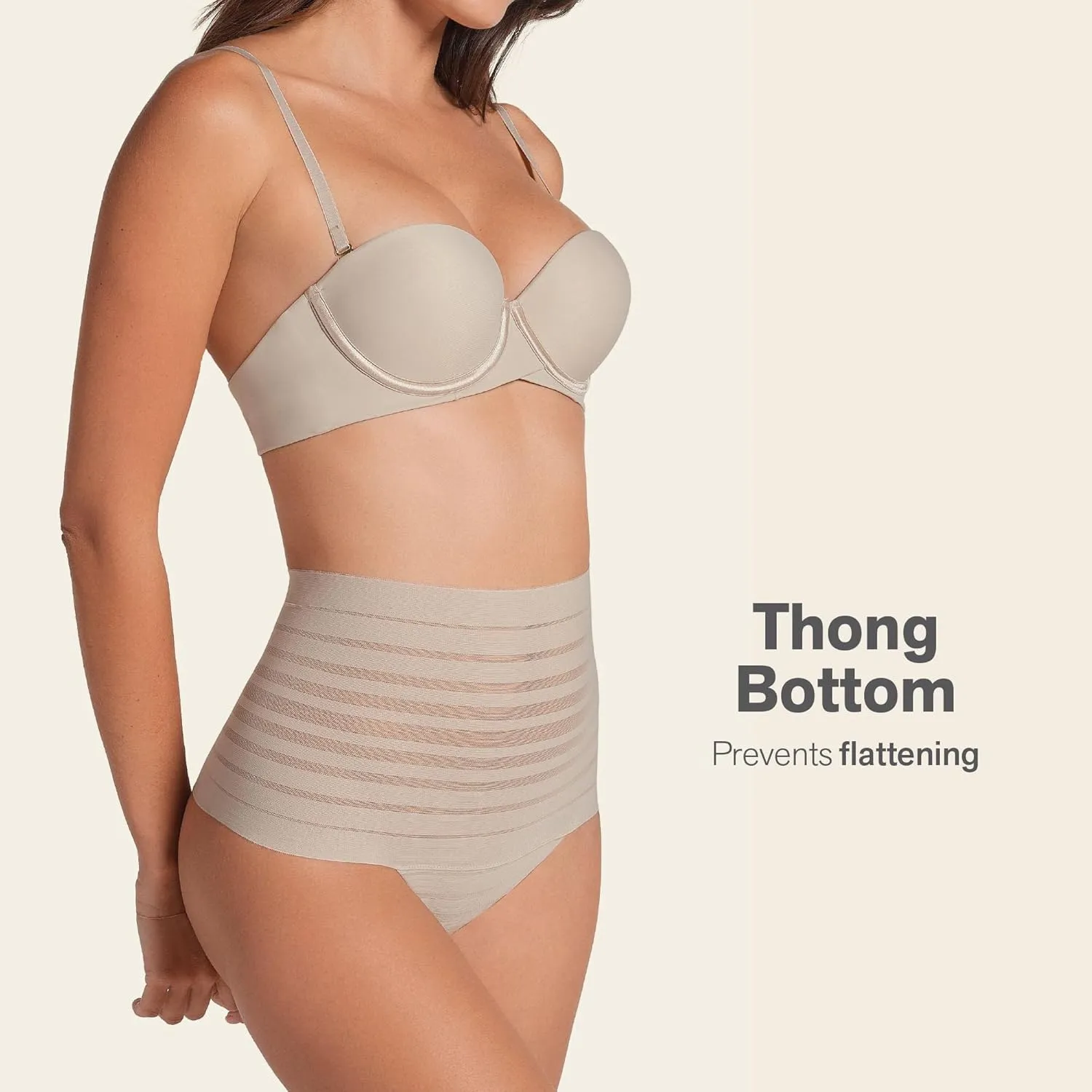Leonisa Seamless High Waisted Thong Panty with Lace Stripe for Women - Slimming Tummy Control Underwear