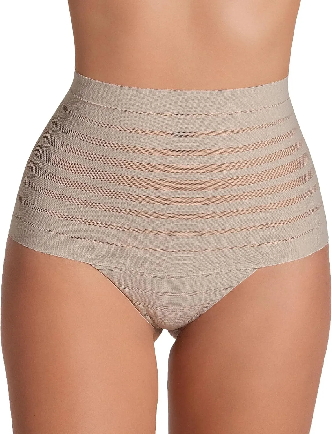 Leonisa Seamless High Waisted Thong Panty with Lace Stripe for Women - Slimming Tummy Control Underwear
