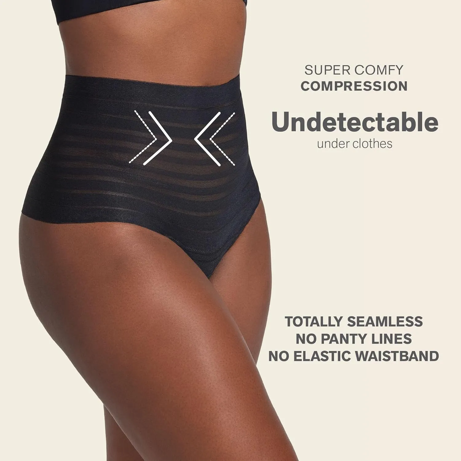 Leonisa Seamless High Waisted Thong Panty with Lace Stripe for Women - Slimming Tummy Control Underwear