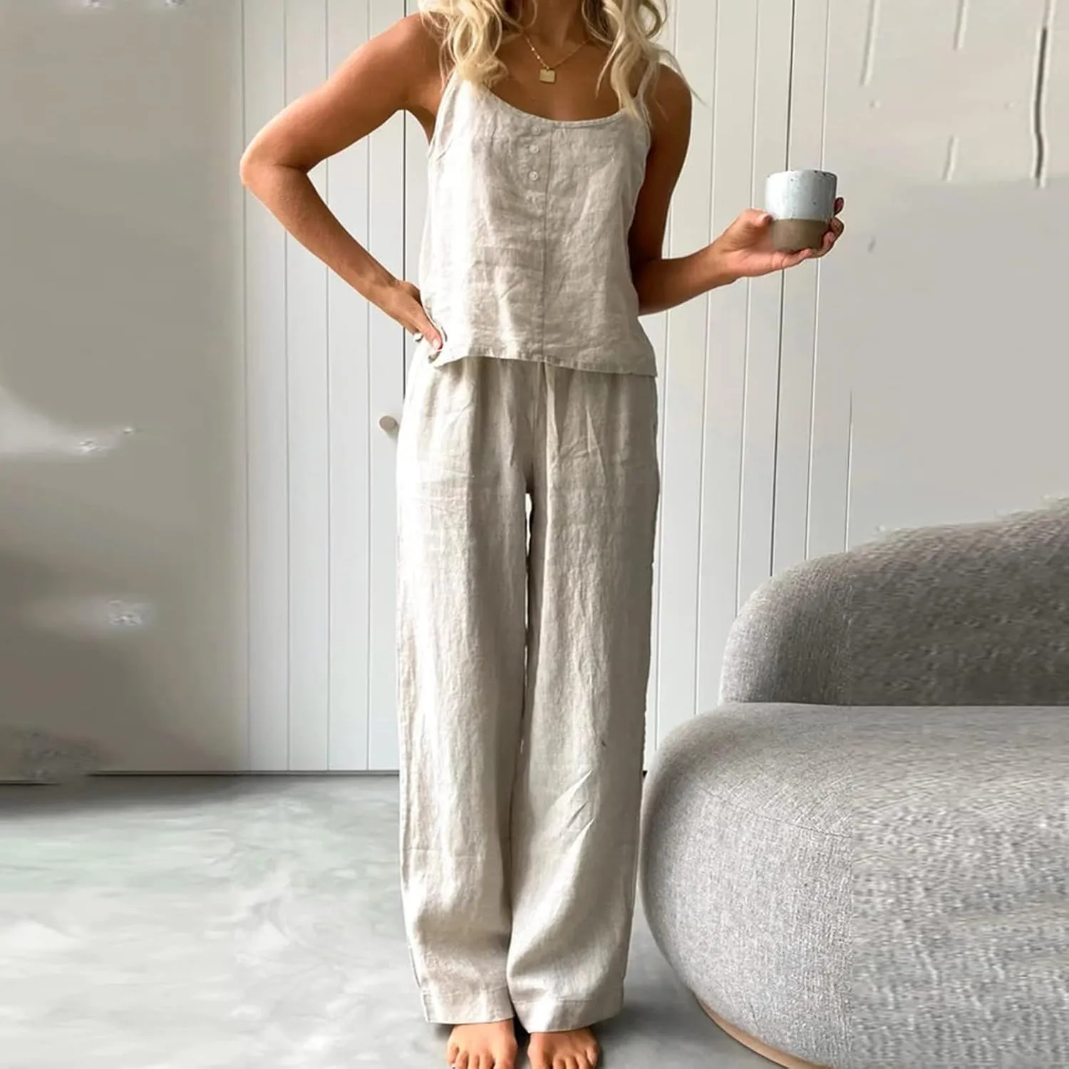 Lightweight Cotton and Linen Pajamas 2 Pieces Clothes for Women Solid Sleeveless Suspenders Trousers Summer Loungewear