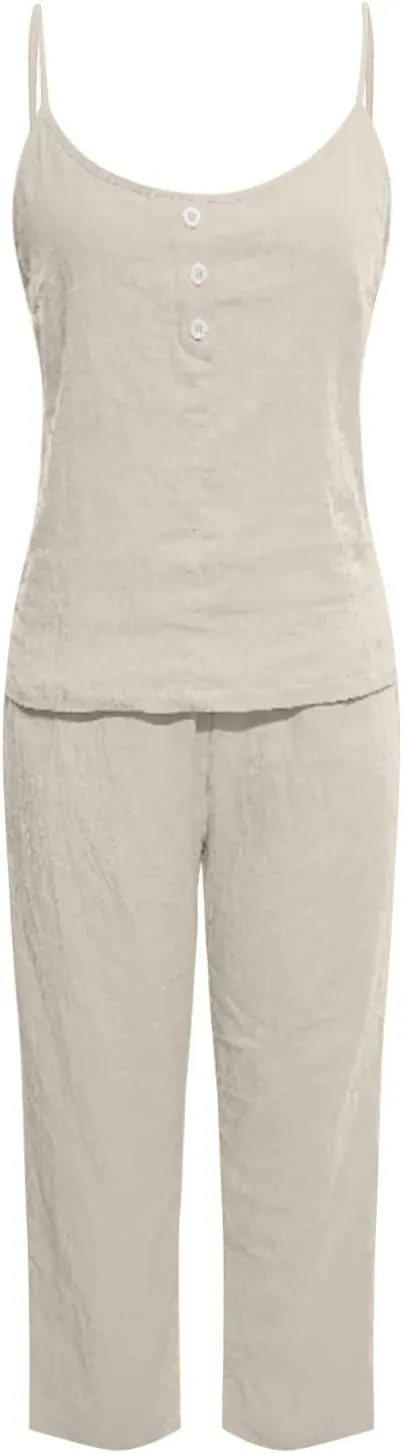 Lightweight Cotton and Linen Pajamas 2 Pieces Clothes for Women Solid Sleeveless Suspenders Trousers Summer Loungewear