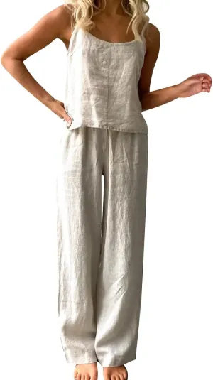 Lightweight Cotton and Linen Pajamas 2 Pieces Clothes for Women Solid Sleeveless Suspenders Trousers Summer Loungewear